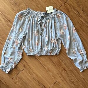 Dress Forum Blue Floral Long Sleeve Off-Shoulder Blouse